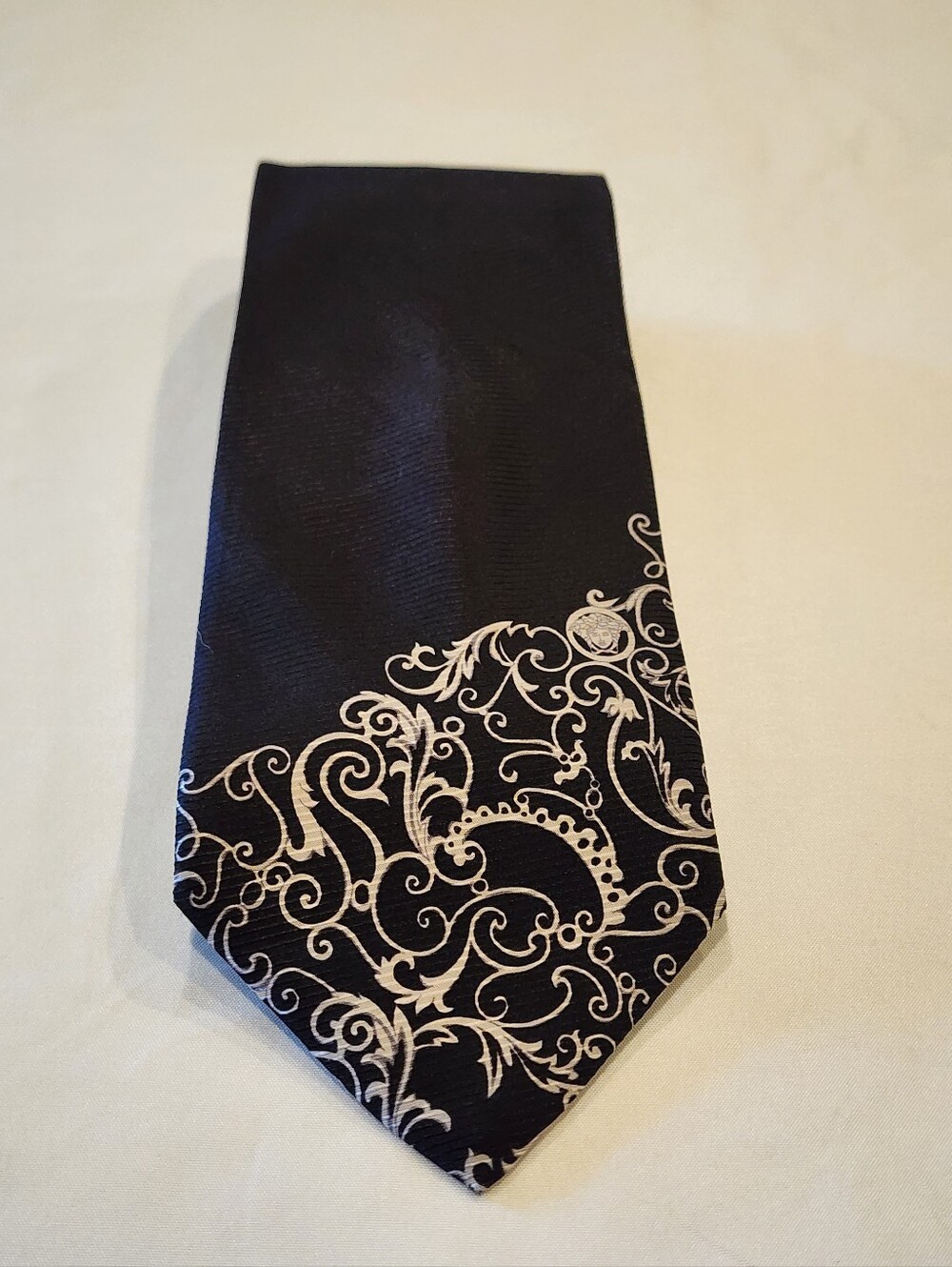 Versace Black Tie with White Baroque Scrolls